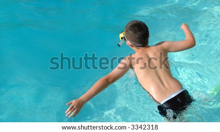 Summer banner with a boy running and jumping into the azure blue water