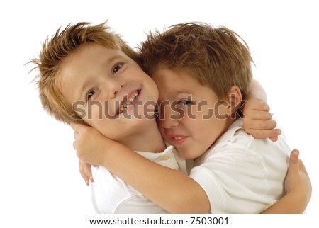 Two young boys playing around and laughing from joy isolated on white Two young boys playing around and laughing from joy isolated on white