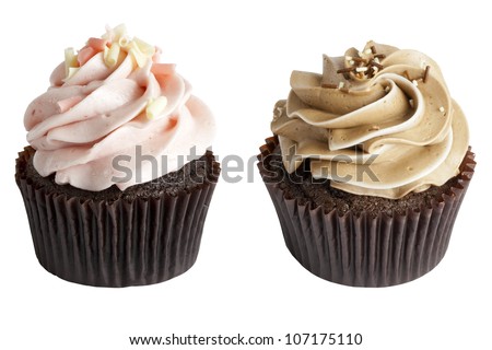 Two Chocolate Cupcakes, one cupcake with strawberry icing, white chocolate shavings, and pink shavings, and the other cupcake with chocolate icing with sprinkles