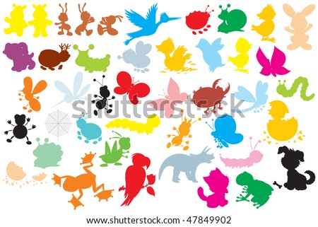 Silhouettes of animals: different insects, dogs, stork, hare, ducklings, chicks, dinosaur, frogs, parrot