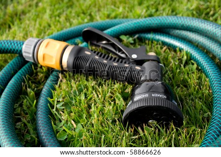 Garden hose head in a coil of hose, on green grass.