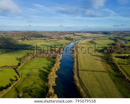 Aerial photo over The River Thames towards Reading in Berkshire countryside, UK