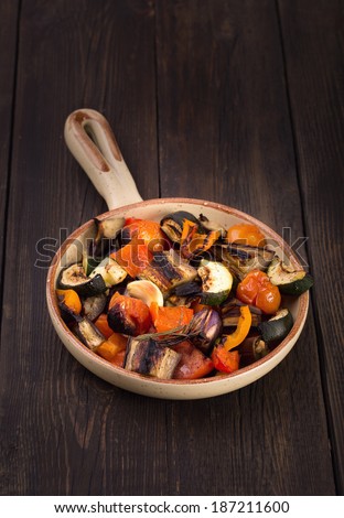 Roasted vegetables on serving pan