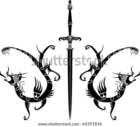 stock vector Sword and dragons stencil