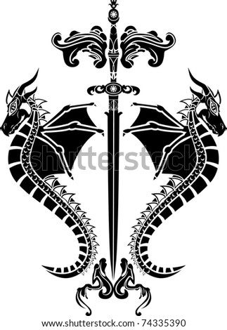 stock vector Sword and dragons stencil
