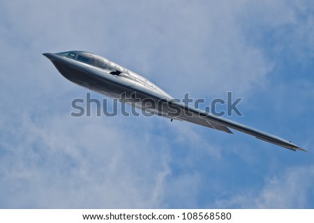 TACOMA, WA - JULY 21: Northrop Grumman B-2A Spirit (Spirit of Ohio) flyby demonstration during Air Expo at McChord Field Joint Base Lewis-McChord on July 21, 2012 in Tacoma, WA.