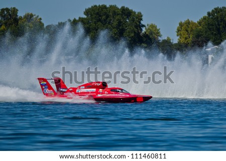 TRI-CITIES, WA - JULY 29: N. Mark Evans pilots U-57 Formulaboats hydroplane along the water at the Lamb Weston Columbia Cup July 29, 2012 on the Columbia River in Tri-Cities, WA.