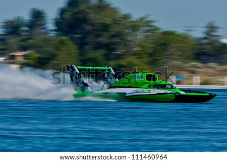 TRI-CITIES, WA - JULY 29: Brian Perkins pilots U-21 Go Fast, Turn Left hydroplane along the water at the Lamb Weston Columbia Cup July 29, 2012 on the Columbia River in Tri-Cities, WA.