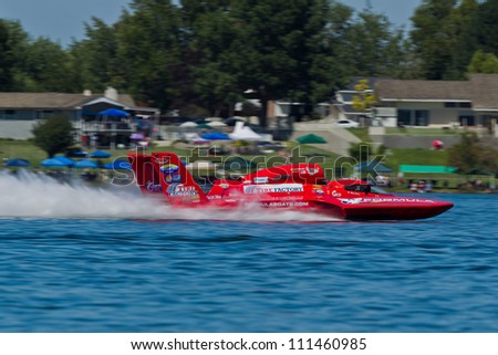 TRI-CITIES, WA - JULY 28: N. Mark Evans pilots U-57 Formulaboats hydroplane along the water at the Lamb Weston Columbia Cup July 28, 2012 on the Columbia River in Tri-Cities, WA.