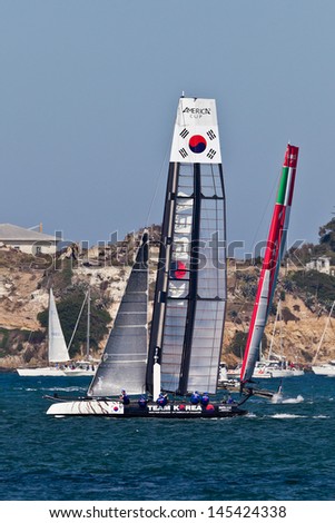 SAN FRANCISCO, CA - OCTOBER 7:  Korean and Italian teams race in Louis Vuitton Cup part of America\'s Cup World Series on Oct 7, 2012 in San Francisco, CA.