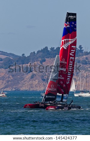 SAN FRANCISCO, CA - OCTOBER 7:  New Zealand team race in Louis Vuitton Cup part of America\'s Cup World Series on Oct 7, 2012 in San Francisco, CA.