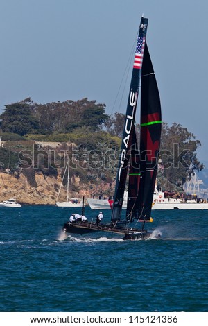 SAN FRANCISCO, CA - OCTOBER 7: Team Oracle USA race in Louis Vuitton Cup part of America\'s Cup World Series on Oct 7, 2012 in San Francisco, CA.