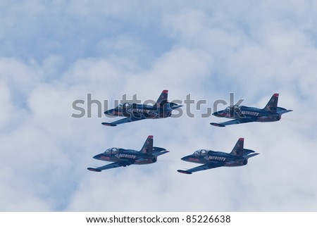 SACRAMENTO, CA - SEPT 10: Patriots Jet Team fly on L-39 aircraft at the California Capital Airshow showing precision and the highest level of pilot skills, on September 10, 2011 in Sacramento, CA.