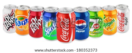 MOSCOW - DECEMBER 13, 2014: Group of various brands of soda drinks in aluminum cans isolated on white. Brands included in this group are Coca Cola, Pepsi, Sprite, Fanta, 7up, Mirinda, Dr Pepper