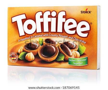 TULA, RUSSIA - APRIL 13, 2014: Box of Toffifee candies isolated on white. Brand of caramel candies, owned by the Berlin-based German company August Storck.