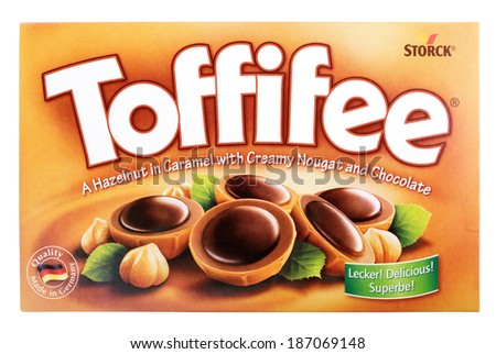 TULA, RUSSIA - APRIL 7, 2014: Box of Toffifee candies isolated on white. Brand of caramel candies, owned by the Berlin-based German company August Storck.