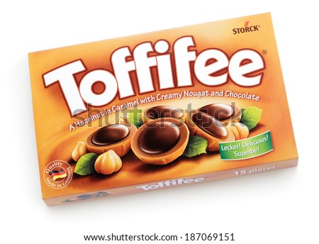 TULA, RUSSIA - APRIL 7, 2014: Box of Toffifee candies isolated on white. Brand of caramel candies, owned by the Berlin-based German company August Storck.