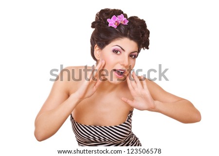 surprise woman, with flowers orchid in hair isolated on white background