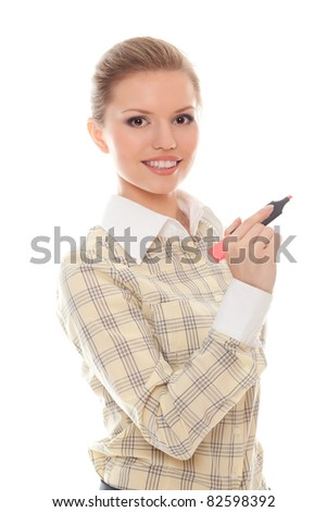 positive young woman writes something marker isolated on white background