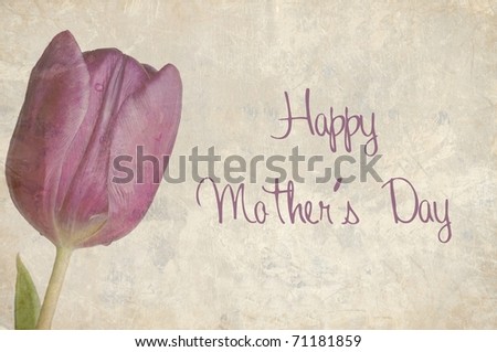 A Beautifully Textured Card with a Single Purple Tulip with the Text Happy Mother\'s Day written on it.