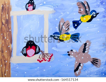Child\'s gouache picture of winter - birds and snow