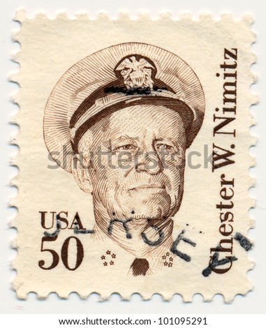 UNITED STATES - CIRCA 1980: A postage stamp of the printed in the United States, portrait of five-star admiral of the United States Navy. Chester W. Nimitz (1885-1966), circa 1980