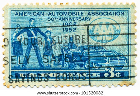 UNITED STATES - CIRCA 1952: A stamp printed in the United States, shows School Girls and Safety Patrolman,  Automobiles of 1902 and 1952, circa 1952
