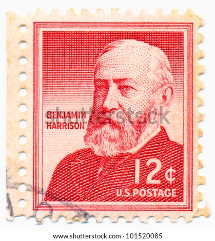 UNITED STATES - CIRCA 1954: A stamp printed in the United States, shows portrait of Benjamin Harrison (1833-1901) was the 23rd President of the United States, circa 1954