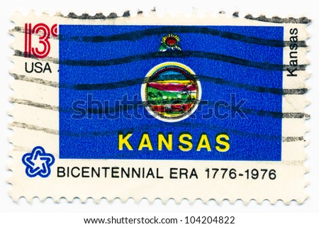 UNITED STATES - CIRCA 1976: A stamp printed in the United States, shows the flag Kansas state, circa 1976