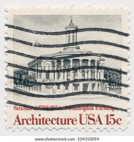 UNITED STATES - CIRCA 1979: A stamp printed in the United States, shows Philadelphia Exchange, by William Strickland, series American Architecture, circa 1979