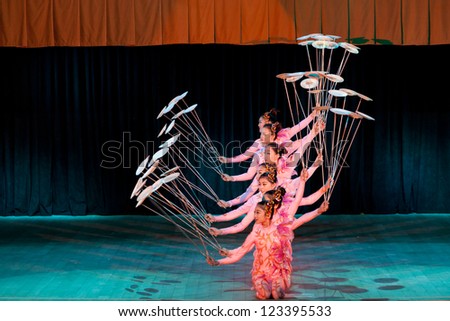 ST.PETERSBURG, RUSSIA - DEC. 31: National Acrobatic Troupe of China, Hebei Province, performing at Coliseum Concert Hall St. Petersburg, Russia on December 31, 2012