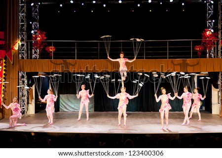 ST.PETERSBURG, RUSSIA - DEC. 31: National Acrobatic Troupe of China, Hebei Province, performing at Coliseum Concert Hall St. Petersburg, Russia on December 31, 2012