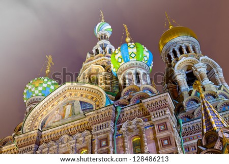 Night view of the domes Savior on Spilled Blood. St. Petersburg, Russia