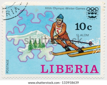 LIBERIA - CIRCA 1976: A stamp printed in Liberia, shows XII Olymic Winter Games 1976 Innsbrusk, Slalom, circa 1976