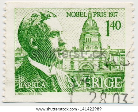 SWEDEN - CIRCA 1977: A stamp printed in Sweden, shows portrait of winner of the Nobel Prize Charles Glover Barkla (1877-1944) a British physicist,  circa 1977