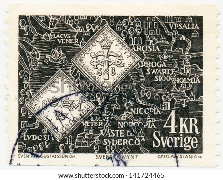 SWEDEN - CIRCA 1971: A stamp printed in Sweden, shows Blood-money Coins 1568 and Old Map of Sweden, circa 1971