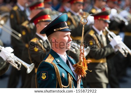 ST.PETERSBURG, RUSSIA - MAY 9: Drum-major. Military orchestra. The parade of veterans of World War II on the Nevsky Prospect, St. Petersburg, Russia, May 9, 2013