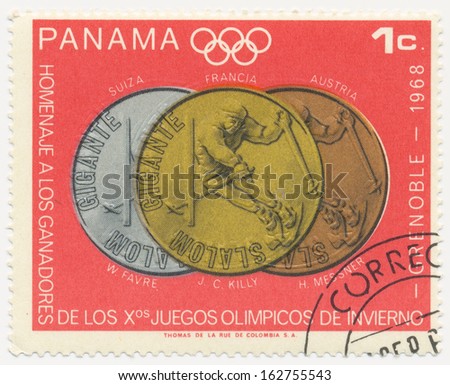 PANAMA - CIRCA  1968: A stamp printed in  Panama shows giant slalom, Olympic Medals and Winners, Grenoble, circa 1968