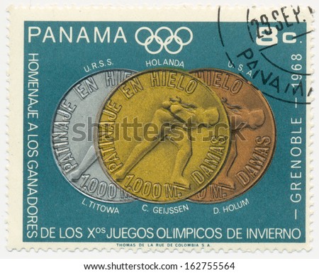 PANAMA - CIRCA  1968: A stamp printed in  Panama shows Womens 1000-meter speed skating,  Olympic Medals and Winners, Grenoble, circa 1968