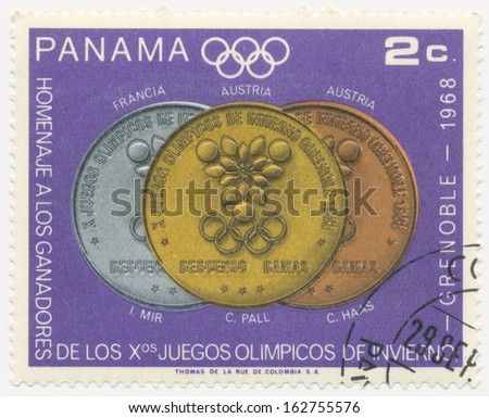 PANAMA - CIRCA  1968: A stamp printed in  Panama shows Womens downhill, Olympic Medals and Winners, Grenoble, circa 1968