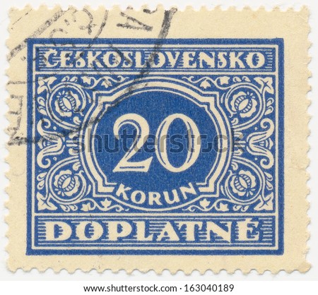 CZECHOSLOVAKIA CIRCA 1954 A stamp printed in Czechoslovakia shows postage stamp with the number 20 crowns circa 1954 CZECHOSLOVAKIA CIRCA 1954 A stamp printed in Czechoslovakia shows postage stamp with the number 20 crowns circa 1954
