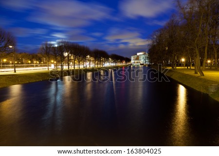 Night view of the Moika River Embankment about Mikhailovsky Park in St. Petersburg, Russia