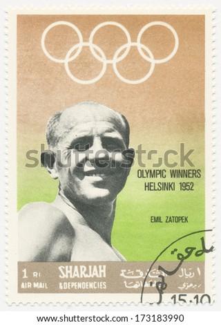 SHARJAH - CIRCA 1968: A stamp printed in Sharjah, shows portrait of Emil Zatopek  (1922-2000) was a Czech long-distance runner, gold medals at the 1952 Summer Olympics in Helsinki, circa 1968