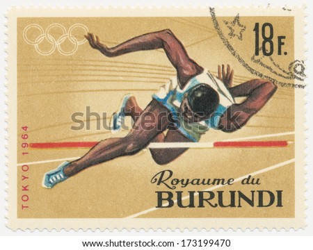 BURUNDI - CIRCA 1964: A stamp printed in Burundi shows High jump, series Olympic Games in Tokyo, circa 1964