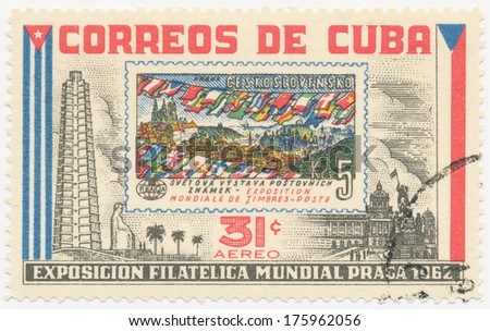 CUBA - CIRCA 1962: A stamp printed in Cuba shows stamp with flags of different countries of Czechoslovakia about philatelic exhibition in Prague, circa 1962