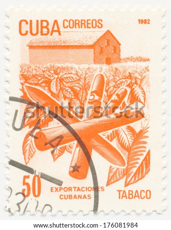 Cuba - Circa 1982: A Stamp Printed In Cuba Shows Plantation And Cigars, Circa 1982