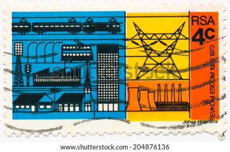 RSA - CIRCA 1973: A stamp printed in RSA shows electric power industry, circa 1973