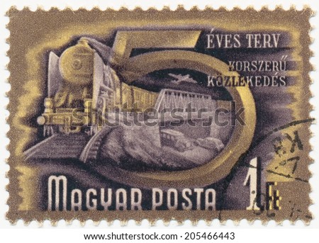 HUNGARY - CIRCA 1950: A stamp printed in the Hungary shows Train, series Five-Year Plan, circa 1950