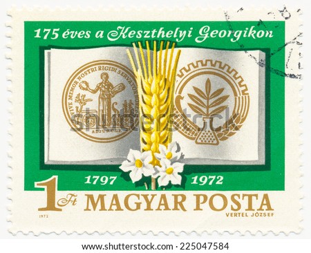 HUNGARY - CIRCA 1972: A stamp printed in Hungary shows Georgikon Emblems, Grain, Potato Flower, circa 1972