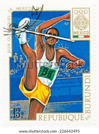BURUNDI - CIRCA 1968: A stamp printed in Burundi shows High jump, series 19th Olympic Games, Mexico City, circa 1968